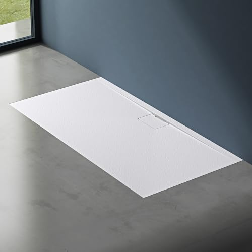 doporro Piatto Doccia Rettangolare 70x160 cm in Resina Minerale Bianco Effetto Pietra, Ultrasottile H 3 cm, Scarico Laterale con Piletta Inclusa – Geoma07