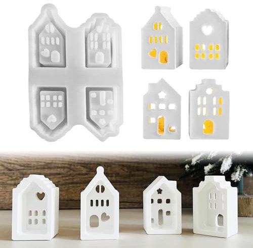 Silikonformen Gießformen Häuser, Gießformen Silikon für 4 Verschiedene Mini Haus, Silikonform Weihnachten, Silikonform Haus zum Gießen, Mini Haus Giessformen Silikon für DIY Lichthäuser Handwerk (A)