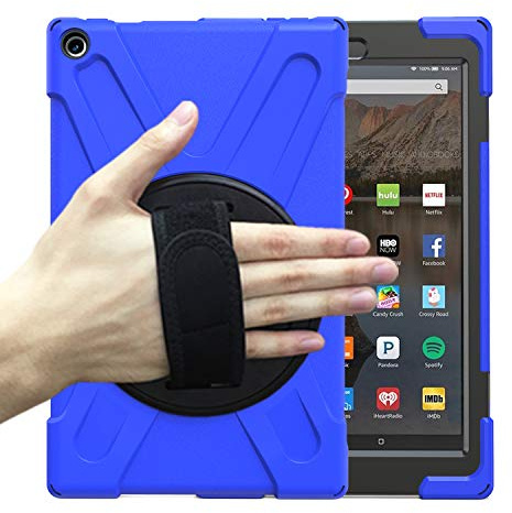 Rugged Case for Kindle Fire HD 10 2017 2018 2019 Release,Military Grade Shockproof Protective Case for Kindle Fire HD 10 2019 2017 Release with 360° Rotatable Stand- Hand/Shoulder Strap(Blue)