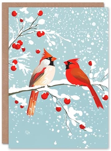 Artery8 Cardinal Birds Snow Berry Tree Blank For Him Or Her Art Xmas Festive Christmas Card