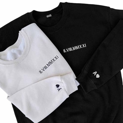 AIFLM Personalisierte Gestickte Römische Zahl Datum Paar Sweatshirt Hoodies, Personalisierte Gestickte Sweatshirt Hoodies, Jahrestag, Verlobung, Weihnachten