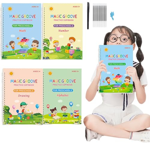 Magisches gerilltes Handschriftenbuch, Übungskopierbuch, Handschrift-Übungskopierbuch, wiederverwendbares Übungsbuch für Vorschule, Alter 3–8 Jahre, Zahlen, Zeichnen, Nachzeichnen, Nachzeichnen