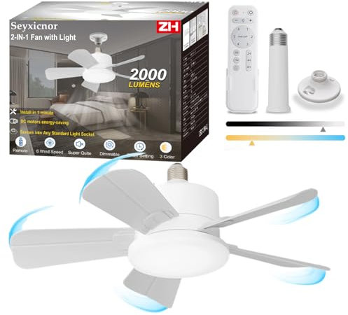 Seyxicnor Socket Ceiling Fans Light with Remote, Screw in Ceiling Fan 2000LM, 6 Wind Speeds, 3 Colour Dimmable, Quiet Light Bulb Fan with 2 Extender Rods & E27 Base for Bedroom, Kitchen, Garage