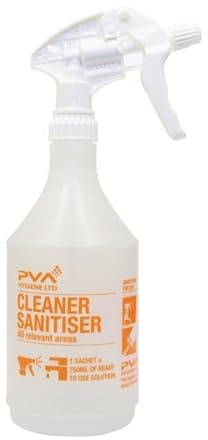 PVA Hygiene Sanitiser Labelled Empty Trigger Bottle, 750ml | Supports workplace safety compliance with clear identification markings to prevent chemical mix-ups during cleaning.