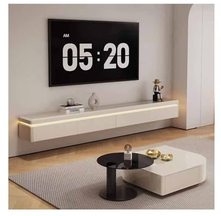 XXAD553TY TV Stand Floating TV Unit with Touch Induction Light, Minimalist Wall Mounted TV Console for Living Room, Tempered Glass Countertop and Large Storage Space TV Cabinet(240cm)