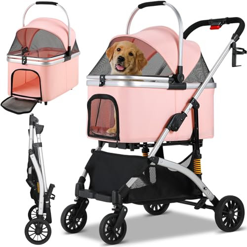 Hundebuggy 3 in 1 Hundewagen Hundebox Transporttasche,Faltbar klappbar Katzenwagen,Bis 20kg,360° Verschleißfeste Gummiräder,mit Ablagekorb,Netzfenstern Getränkehalter,für kleine Hunde & Katz(Rosa)