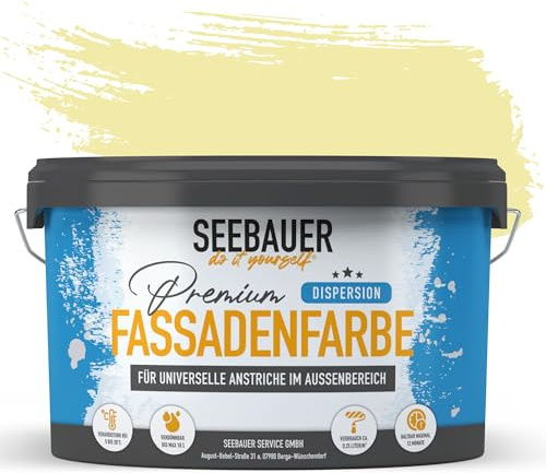 SEEBAUER diy Universal-Fassadenfarbe Gelb 10L für Außen (No. 457 Lemon Soda) Hoch deckende Fassadenfarbe mit Wetterschutz - Geeignet für Putz, Mauerwerk und Beton
