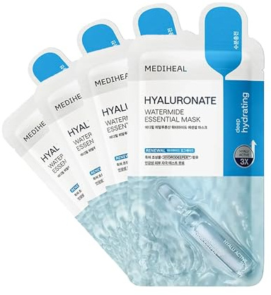 Mediheal Best Korean Hyaluronate Watermide Essential Face Mask - Hydrating and Moisturizing Sheet Masks With Hyalu Active 3x For All Skin Types (4 Count)