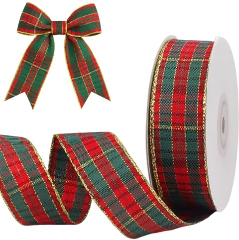 CJAPGJW Geschenkband Weihnachten, Rot-Grünes Karomuster Band 2,5 cm x 22 m, Festliches Dekorationsband, DIY Bastelprojekte und Christbaumschmuck