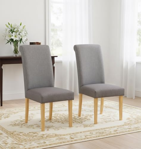 Hallowood Furniture Premium Roll Top Linen Fabric Grey Dining Chairs Set | Modern Plain Back Neutral Upholstered Dining Chairs Set of 2 with Solid Wooden Legs for Kitchen, Restaurants, Pub and Cafés