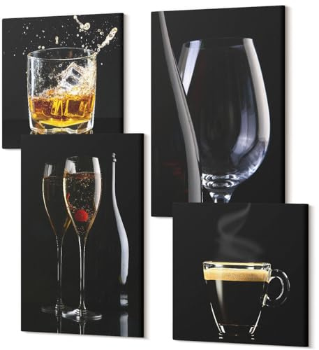 Wallfluent Bilder Set Wand 40x40 x 60x40 cm Polycanvas Wandkunst Leinwand 4-teiliges Set - für Wohnzimmer Schlafzimmer - Whisky Wein Champagner Kaffee Getränke Alkohol