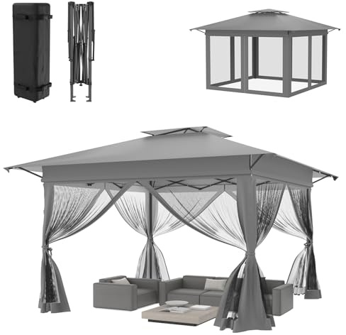 ACXIN 4x4m Faltpavillon Gartenpavillon Pop-Up Pavillon Grau Höhenverstellbar Anti-Moskito Balkon Terrasse Outdoor Party Event Tragbar Faltbarer Pavillon für Garten Camping Picknick
