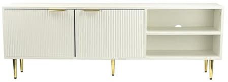 FineBuy Meuble TV Lowboard Blanc 150cm avec façade à Lattes - Commode TV avec 2 Portes et Compartiments Ouverts - Meuble Bas TV avec Pieds métalliques Moderne
