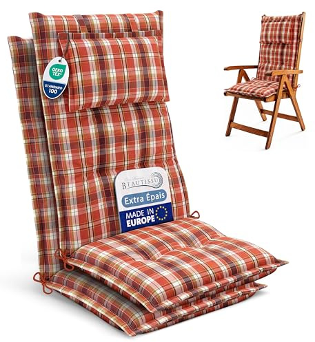 Beautissu 2er Set Gartenstuhlauflagen Hochlehner Auflagen UV-Lichtecht | 120x50cm 7cm Polster Orange Rot Grün Kariert Sitzauflagen Sitzpolster Gartenmöbel Gartenstuhl Auflage Sitzauflage HighLux HL