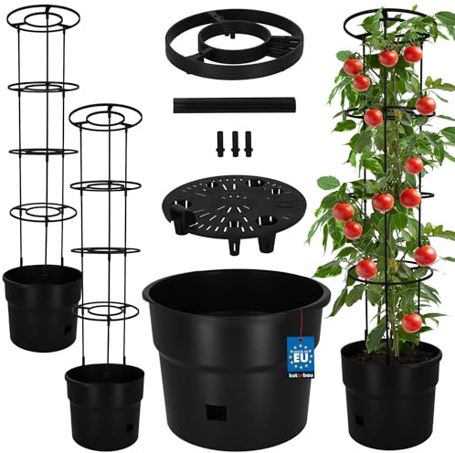 KOTARBAU® Tomatentopf mit Rankhilfe & Wasserspeicher ⌀ 35 cm, Tomatenturm | 2er Set Pflanztopf + Rankhilfe für Tomaten & Gurken, 128 cm hoch, Rankturm, Anzuchttopf aus Kunststoff, Anthrazit