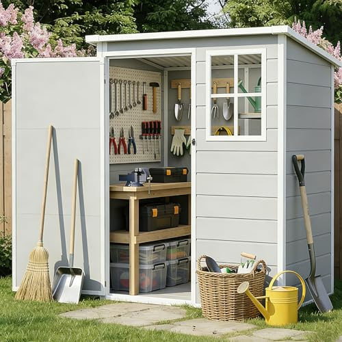 5x3FT Plastic Garden Shed with Floor, Pitched Roof, Lockable Door & Floor, Outdoor Storage Shed for Bicycles Tools, Ideal for Garden Patio Backyard.