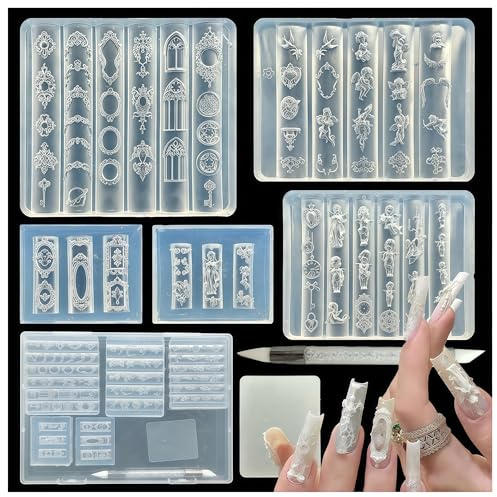 Bafutayawa 3D Gel Nail Art Moule en Silicone 5 Pièces pour Nail Art, Ensemble DIY Accessoires Anges & Cadres, Alternative aux Pochoirs, Inclus