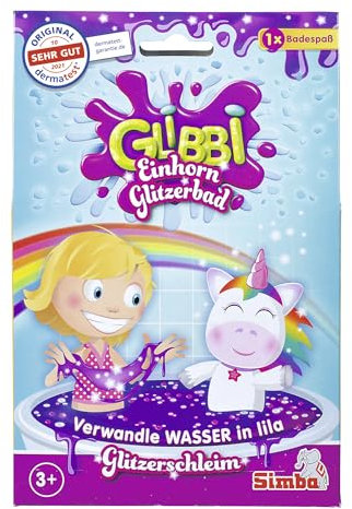 Simba Glibbi Einhorn Glitzerbad Lila – Glibber Badewannenspielzeug, ungiftig und hautfreundlich, Glibberspaß für Badewanne mit Glitzereffekt, Badespaß, Schleimpulver für Kinder ab 3 Jahren