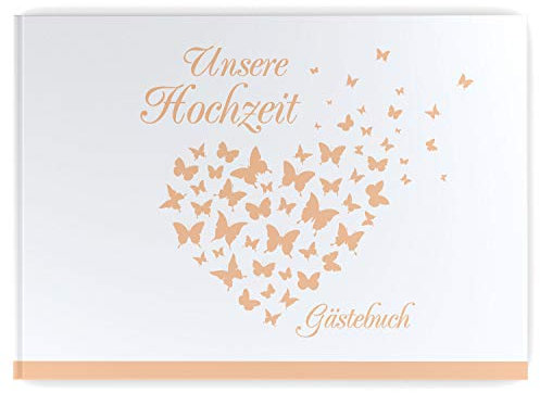 DeinWeddingshop Gästebuch Hochzeit Schmetterling - Hardcover, ohne Fragen, A4 quer, Butterfly Heart (apricot)