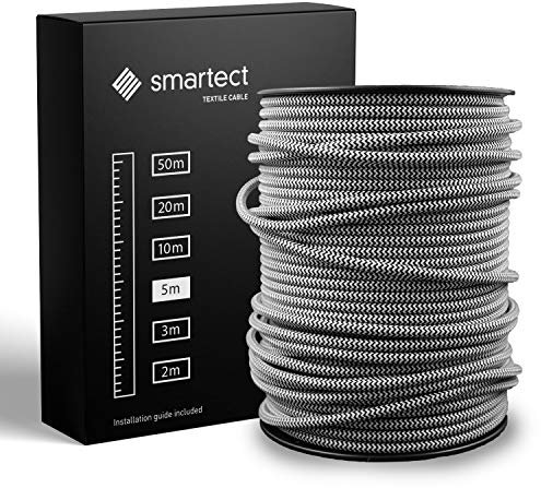 smartect Braided Cable, Black White, 5 Metres 3 Core Electrical Cable (3 x 0.75mm²) Vintage Fabric Electrical Wire for your DIY project