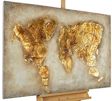 KunstLoft Leinwandbild | 100% HANDGEMALT | 120x80cm | Gemälde 'Kostbarer Planet' | Weltkarte | Gold Beige | Wandbild Wohnzimmer