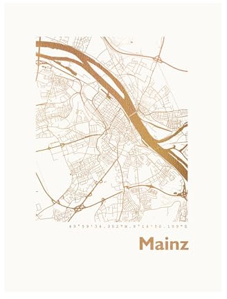 Mainz Karte - Dein Lieblingsort Personalisiert in S/W Rose Gold Silber Kupfer A4 A3 - Stilsichere Wandbilder Geschenke Arbeitszimmer Wohnzimmer Andenken Heimatstadt