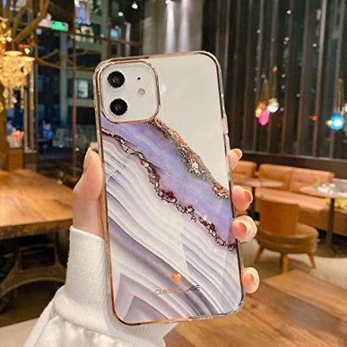 OWM iPhone 11 Case Marble Stone Bling Silicone Bumper Slim Soft Gold Edging Luxury Back Shockproof Phone Cover Compatible for iPhone 11 [6.1” Inches] - Purple Marble