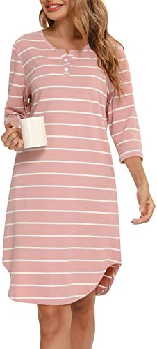 Vlazom Chemise de Nuit Femme Rayée, 3/4 Manches Longues en Coton, Boutonnée Devant, Doux Tee Shirt de Nuit, L, Rose