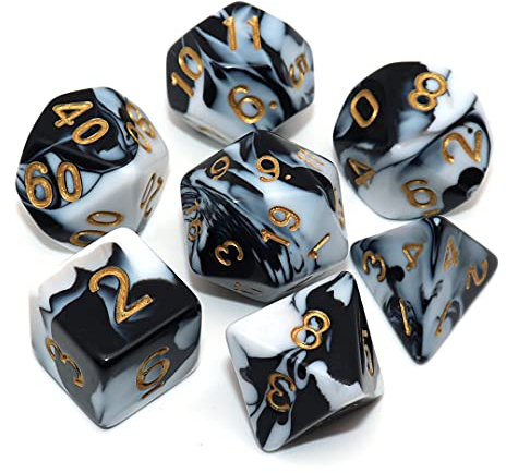 Creebuy DND-Spielwürfel-Set, polyedrisch, für Dungeon und Dragons, D&D, Pathfinder, Rollenspiele, mit Würfeltasche, Schwarz und Weiß