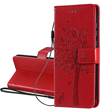 GOGME Coque pour Xiaomi Redmi 10 Etui Portefeuille, Jolie Rétro Feuilles Embossée Motif Design Cuir PU Housse Flip Cover, Etui de Protection pour Xiaomi Redmi 10, Rouge