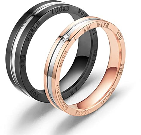 Aotiwe Paar Trauringe Schwarzes Roségold Ringe „Die Welt Sieht Wunderbar Aus, Wenn Ich Bei Dir Bin“, Weiß Damen 62 (19.7) & Herren 60 (19.1)