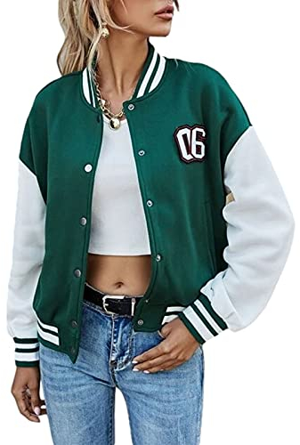 Geagodelia Damen College Jacke Sweatjacke Baseball Jacke Vintage Kurze Übergangsjacke Sweatshirt mit Knopf Y2K Fashion Top Frühling Herbst (Grün, S)