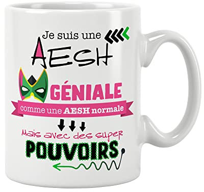 ÉNJA Création. Mug AESH école AESH Ecole/Tasse – AESH Aide scolaire Atsem Aesh avec supers pouvoirs. Cadeau fin d'année scolaire Cadeau original Prix mini Céramique haute qualité 11oz 320ML (AESH)