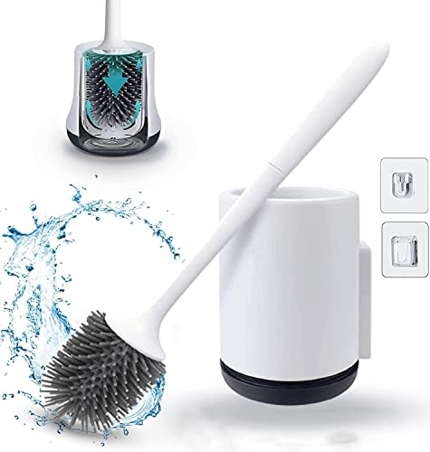 RYKON Silicone Toilet Brush & Holder Set Wall Mounted, Easy To Deep Clean Bathroom Brush, Silicone Toilet Cleaning Brush with Strong Handle No-slip Soft Bristle - White