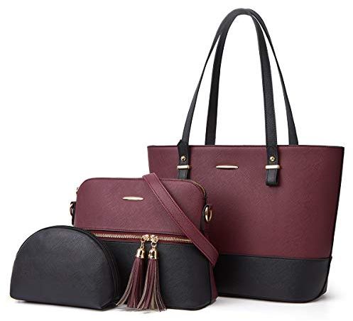 YeumouG Handtasche Damen Shopper Groß Schultertasche Umhängetasche Leder Damen Geldbörse Tragetasche Tasche 3-teiliges set (Schwarz/Violett)
