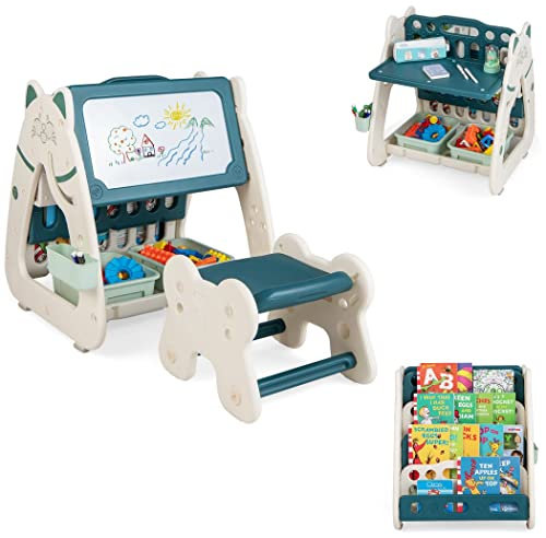 COSTWAY 3 in 1 Kids Art Easel and Stool, Double-Sided Magnetic Dry Erase Board with Multi-Layer Book Rack, 2 Storage Baskets & Markers, Height Adjustable Children Study Table Chair Set (Green)