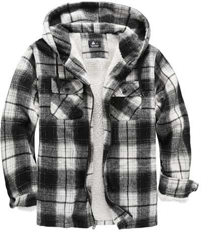 zitysport Hemdjacke Herren Hemd Sherpa Fleece Kariert Gefüttert Kapuzenpullover Fleecefutter Mantel Winter Jacke mit Taschen Flanellhemd Kariertes Männer Sweatjacke mit Kapuze(Grau schwarz,2XL)