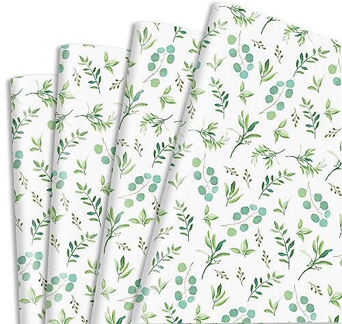Whaline Eukalyptus-Geschenkpapier, grüne Geschenkverpackung, grüne Blätter, Kunstpapier, flach gefaltet, für Dschungel-Safari-Party, Babyparty, Geburtstag, Hochzeit, DIY, 6 Blatt, 49.7x70.6 cm