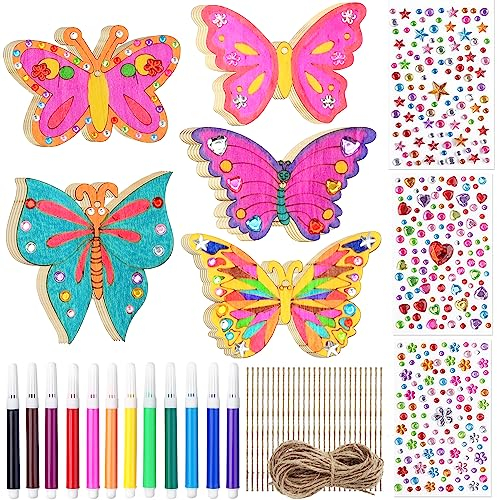 CHMMY 65 Stück Schmetterlinge Deko Set Basteln Kinder Holz Schmetterling mit Aquarellstift und Strassaufklebern für Geburtstagsdeko Party Hochzeiten Babypartys Kranzdekorationen DIY Dekoration