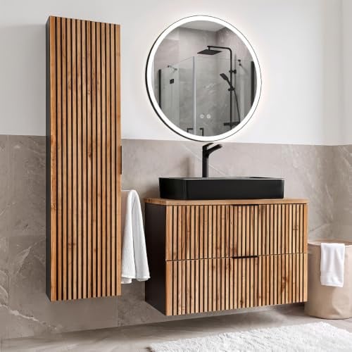 Lomadox Badezimmer Set 3 teilig Waschtisch Unterschrank 80 cm Keramik Waschbecken Hochschrank Spiegel Beleuchtung anthrazit Wotan Eiche Nb. Rillen schwarz