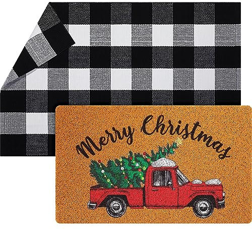 Geelin 2 Stück Weihnachts-Fußmatte, 70 x 109 cm, schwarz und weiß, Büffel, kariert, Teppich, 45,7 x 76,2 cm, dekorativer Weihnachtsbaum, Kokosfaser, Willkommens-Fußmatte, Schichtteppich für Haustür