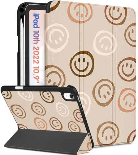 Wazzasoft Apple iPad 10th Generation Case 10.9 Inch Cute Folio Case for Women Girls Smile Design Pencil Holder Auto Sleep/Wake Cover for