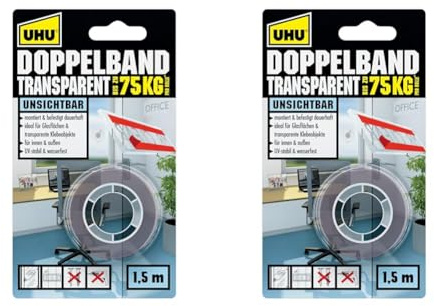 UHU Doppelband transparent, Extra starkes, transparentes doppelseitiges Montage-Klebeband, 1,5 m x 19 mm (Packung mit 2)