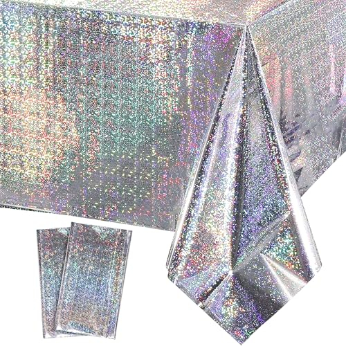 2 Stück Party Tischdecke Geburtstag, Bunt Plastik Tischdecken, 137x275cm Rechteck wasserdichte Tischdecke, Laserholografische Abwaschbar Tischtuch für Kindergeburtstag, Party Deko, Familientreffen