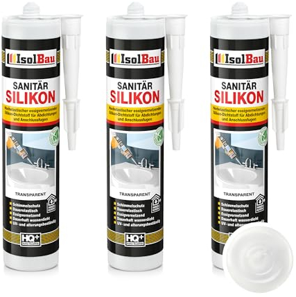 Isolbau Sanitär Silikon 3 x 300 ml Transparent - Hochelastischer Silikon-Dichtstoff für Abdichtungen & Fugen – Schimmelresistent, wasserdicht - Kartusche