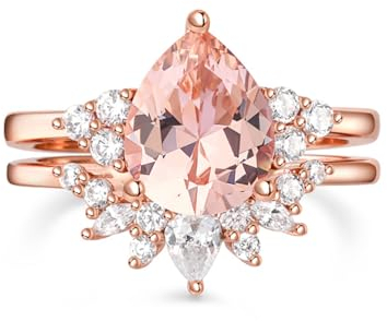 Jeulia 2-teiliges Ringset aus 925er-Sterlingsilber, Morganit-Ring im Birnenschliff, Verlobungsversprechen, Jubiläumsring-Set mit Schmuckschatulle für Sie, Frauen und Mädchen (Roségold, 63(20.2))