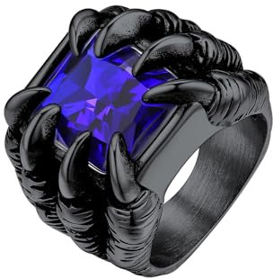 Bestyle Edelstahl Herren Ring mit Stein Blauer Gothic Biker Bandring Dragon Claw Retro Ring Synthetischer Zirkonia Männlicher Ring Schmuck Siegelring, Schwarz, Ringgröße 72