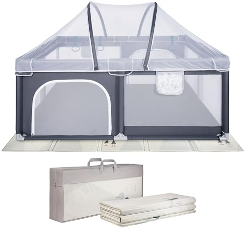 ONVAYA® Laufgitter mit Faltbarer Spielmatte und Insektenschutznetz | Laufstall für Babys 120 x 160 cm | Schutzgitter für Kinder | Rechteckiges Krabbelgitter | Absperrgitter | Babyzaun