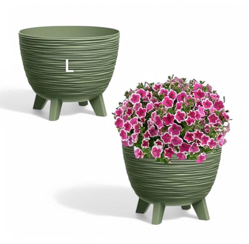 MELTOM Blumentopf mit Füßen aus Kunststoff Schale Rund Kräutertopf 3D Rillen (Grün, L-40cm)