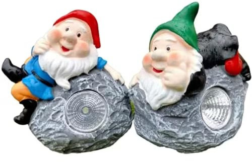 Divas World - Pack of 2 - Garden Ornaments Cement Gnome On Stone Statue With Solar Light - Novelty Figurine - Solar-powered Mini Gnome - Decor Gifts for Garden, Yard, Patio - Cement Material - 12cm